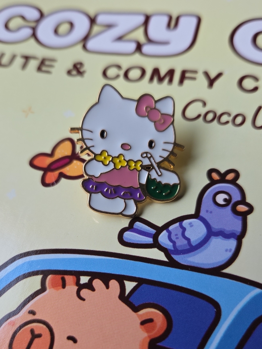 Hello Kitty Enamel Pin — White, Pink, Purple & Green Accents